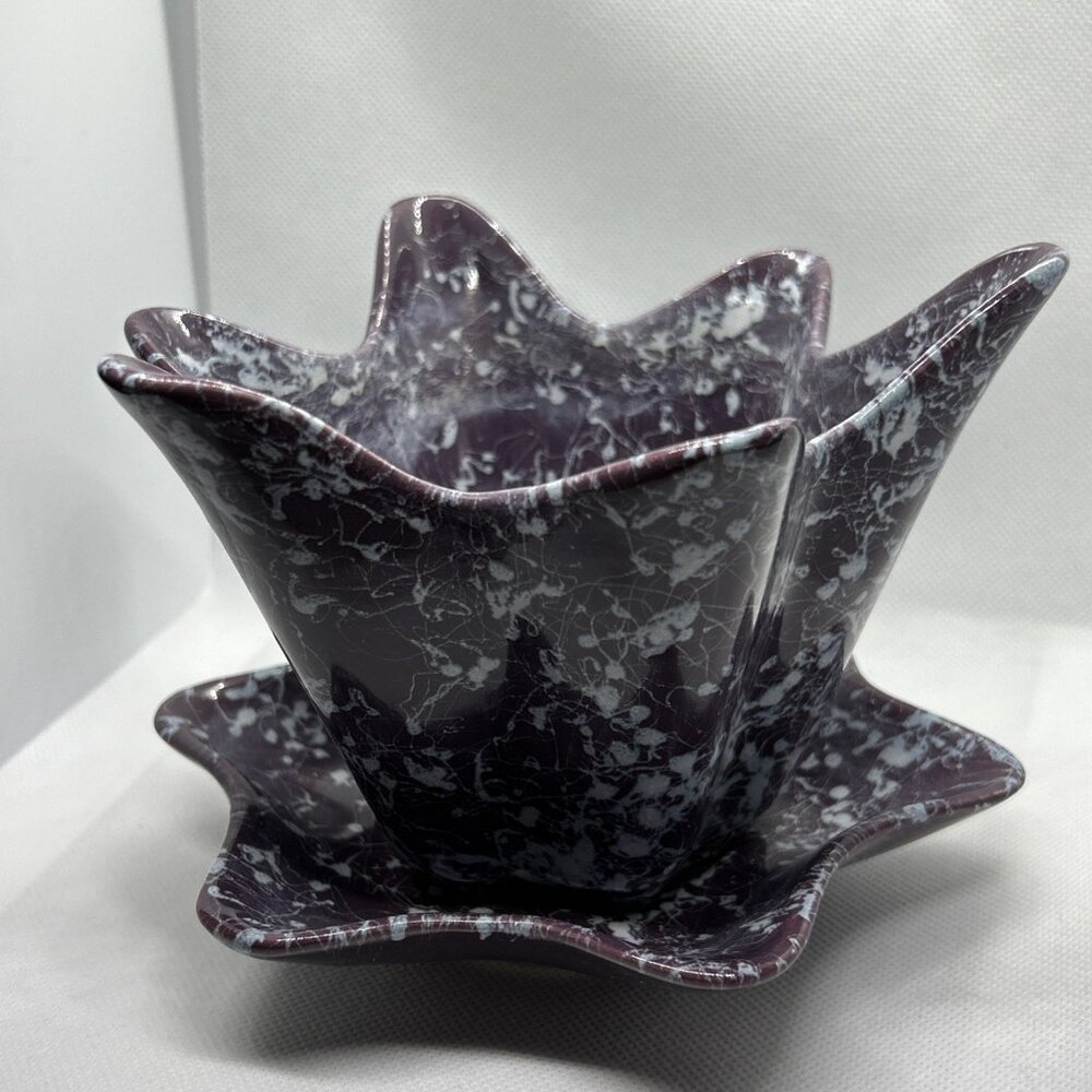 Shawnee Purple Planter w/ Attached Saucer USA Art Pottery 4.75" H Confetti Drain